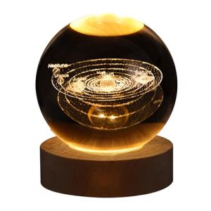 KWQBHW Boules de Cristal Veilleuse Syst&egrave;me Solaire/Saturne/Lune/Galaxie Boules de Verre Lampe de Nuit avec Base en Bois Grav&eacute; Sph&egrave;re de Cristal Lumi&egrave;re pour Cadeaux de D&eacute;coration(Syst&egrave;me solaire) (FanTeJia Lampshop, neuf)