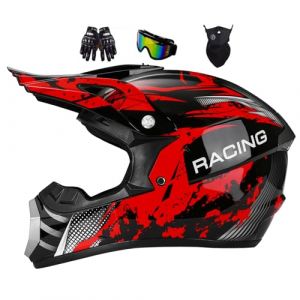 Casque Moto Enfant, Casque De Cross pour Jeunesse Casques De Moto, Casque Cycliste pour Enfants,Gar&ccedil;on Et Fille Scooter De Ski VTT Casque, avec Gants Lunettes Masques(Red,M(54-55CM)) (WENYANGB, neuf)