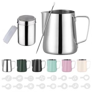 Zuquik Pot &agrave; Lait Barista en Acier Inoxydable de 350 ml Avec Mesure Mark 12oz, Pot &agrave; Mousse de Lait avec Saupoudreur de Cacao, 16 Pochoirs et Stylo pour Cappuccino et Expresso,Argent (ACE Fac, neuf)