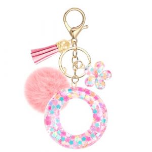 JSRQT Porte-cl&eacute;s Rose avec Initiale O pour Femmes Filles, Nom Porte-cl&eacute;s en R&eacute;sine Lettres Alphabet &agrave; Paillettes et Fleurs, Pompons Pendentifs Bijou de Sac Keychain pour Sac &agrave; Main et Sac &agrave; Dos (JSRQT-JR, neuf)