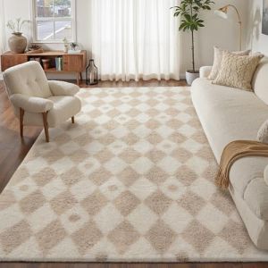 HUGEAR Tapis Salon Shaggy Damier Tapis Chambre Adulte Fille Doux Moelleux Descente de lit Antid&eacute;Rapant Moderne Grand Tapis Beige Blanc 200&times;300cm Decoration Chambrel Motif Geometrique (RONGBEN, neuf)