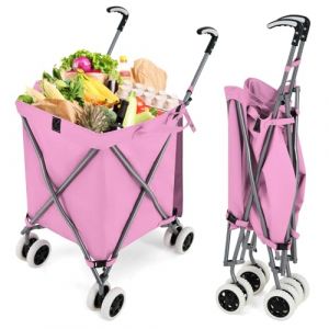 GYMAX Chariot de Courses Pliable, Caddie de Courses en M&eacute;tal avec Sac 90L, Charge 55KG, Chariot &agrave; roulettes Portables pour Shopping/Supermarch&eacute;/Camping (Rose) (GYMAX EU, neuf)
