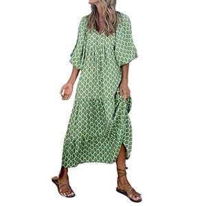 NNGOTD Robe Longue Boheme Chic Femme Maxi Robe en Mousseline De Soie À Motif Floral Col V Robe Longue Grande Taille Dentelle Imprimé Vintage Élégant Boho Robe de Plage Robe Soiree Princesse XS (BAULMD（90% Big Promotion Without Discount Code ）, neuf)
