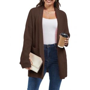 crazy bean Cardigan Femme Hiver Gilet Long Chic et Elegant Ouvert Chaud avec Poches Tricot &Eacute;pais D&eacute;contract&eacute; Grosse Maille Marron L (Acozyu, neuf)
