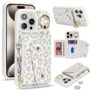 Lipvina Coque pour iPhone 15 Pro Max avec Portefeuille Porte-Cartes de cr&eacute;dit et Fermeture &eacute;clair - Housse Portefeuille Pratique avec Fentes pour Cartes de cr&eacute;dit - L&eacute;opard Blanc (Machan-US, neuf)
