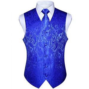 HISDERN Gilet Costume Homme Bleu Royal Paisley Gilet Cravate Pochette Mouchoir Ensemble Jacquard Gilets Sans Manche Hommes Mariage 4XL (hisdern, neuf)