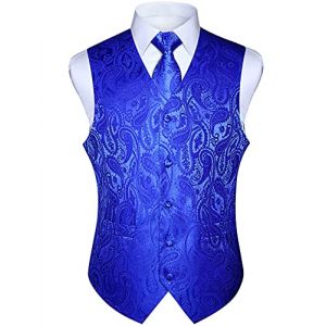 HISDERN Hommes Paisley Wedding Party Gilet Cravate Poche Carre Mouchoir Jacquard Gilet Costume Ensemble Ruban Bleu Royal (hisdern, neuf)