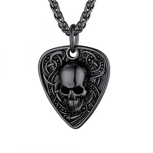 U7 Collier Homme Plectre Crâne Noir Chaîne Pendentif Médiator Tête de Mort Hip Hop Style (HMDEU, neuf)