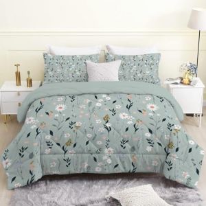 Linfye Couette 140x200 Enfant, ChrysanthèMe Blanc Couette Imprimée Duvet 1 Personne Couette Legere Chaude 4 Saisons, Plantes Vertes Douce Réversible Edredon et 2 Taie d'oreiller 65x65 cm (Linfye Maison Confortable, neuf)