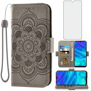 Asuwish Coque pour Huawei P Smart 2019/Honor 10 Lite Portefeuille avec Verre Tremp&eacute; et Porte Carte Chaine PU Cuir &agrave; Clapet Mandala &Eacute;tui Housse Hawaii PSmart Pot-LX1 HRY-LX1 T&eacute;l&eacute;phone Case Femme Gris (Asuwish FC UK Store, neuf)