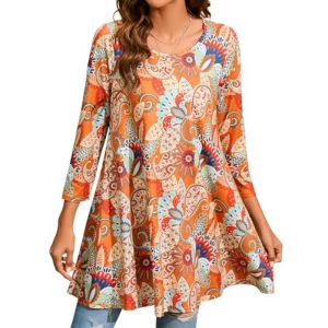 Enmain Tunique pour femme florale, d&eacute;contract&eacute;e et &eacute;l&eacute;gante, manches 3/4, col rond, taille S &agrave; 3XL, Orange, M (ELOOKEUR, neuf)