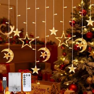 LED Guirlande Lumineuse Intérieur, 3.5M Rideau Lumière Étoile et Lune pour Noël, 8 Modes Clignotants, IP44 Étanche, Guirlande Led à Pile avec Télécommande, Décoration pour Noël, Mariage, Fête, Maison (ISPAS STORE S.R.L.*, neuf)