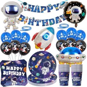 Lot de 79 d&eacute;corations d'anniversaire espace - Vaisselle de f&ecirc;te ballons astronautes - Assiettes, serviettes, fus&eacute;es, vaisseaux spatiaux (Hippsana, neuf)