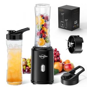 Sangcon Mini Blender Smoothie Portable, Mixer Shaker Electrique, 2 x Bouteilles Tritan Sans BPA de 600 ML + 2 x Couvercles de Voyage, 4 Lames en Inox, Fonctionnement à un Bouton Pulse (THOMAS CONNER LIMITED, neuf)