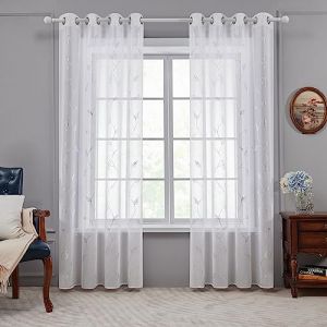 Deconovo Lot de 2 Rideaux Voilages, Chambre Enfant Fille Salon, Décoration Rideau Cuisine Restaurant à Oeillets, Motifs Argents Feuilles et Fleurs, 140×260 CM, Blanc (Deconovo-Home, neuf)