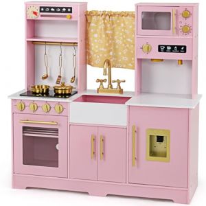 COSTWAY Cuisine Enfant avec Lumière & Effet Sonore, Cuisiniere Enfant avec Rideau & Cafetière, Distributeur d'eau, Espace de Rangement, Jeu de Cuisine pour Garçons Filles de 3 Ans+ (Rose) (FDS GmbH, neuf)