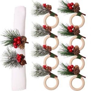 MUNSKT 8 Pcs Rond de Serviette Noel avec Pommes de Pin et Baies Rouges, Porte-Serviettes Rustiques en Bois pour D&eacute;corer la Table de No&euml;l, Thanksgiving, Repas de F&ecirc;te (MUNSKT*, neuf)