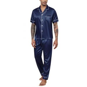 Reliwel Pyjama Homme Ete Satin Pyjama Short Homme en Soie Boutonn&eacute; Chemise Manches Courtes et Pantalon Long Deux Pi&egrave;ces v&ecirc;tements de Nuit Confortable Doux (Reliwel-FR, neuf)