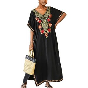 YOUKD Brod&eacute; Floral V-col Kaftan Robe Boho Beach Bikini Cover Up Robe Plus Taille Loungewear pour Femmes (Youkeda, neuf)