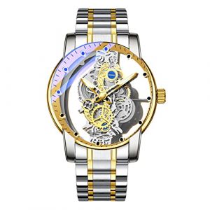 FORSINING Montre analogique à quartz pour homme - Montre squelette transparente en acier inoxydable - Cadran de luxe - Étanche et lumineuse, Doré argenté, Bracelet (Global Fashion Show, neuf)