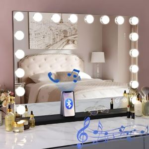 Hansong Miroir Maquillage avec Bluetooth Miroir Coiffeuse avec lumières Miroir Maquillage Lumineux avec 18 Ampoules LED Miroir Hollywood avec éclairage 3 Couleurs Noir (CHILISHE-FR, neuf)