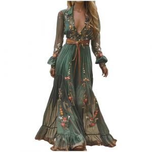 Robe Longue Femme R&eacute;tro- Robe Sexy Chic Col en V Et Manches Longues Pretty De Style Pastoral Fleurs Boheme Taille Haute Baggy Vacances Plage Banquet Chic Et Elegan d'automne Ete (Hrihua, neuf)
