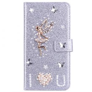 BLOTECH Strass Coque &Eacute;tui en PU Cuir &agrave; Rabat pour Samsung Galaxy A56 5G Argent&eacute; Wallet Motif Love Anges Housse Case with [Card Slots] [Fermoir magn&eacute;tique] Stand Fonction Strass Housse (Bolong, neuf)