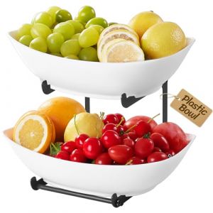 Lifewit Présentoir à fruits à 2 étages, bols à fruits en plastique avec étagère en métal noir, panier à fruits à 2 étages, étagère à fruits avec plateau de service blanc pour buffets, fruits (Lifewit Home FR, neuf)