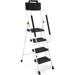 HBTower Escabeau 4 Marches, Échelle Pliable avec Rampe Sécurité, Marchepied Pliable avec Sac à Outils Enfichable Et Large Pédale Antidérapante, Marchepied Portable Léger De 150 Kg, Blanc (KANGQIAN-EU, neuf)