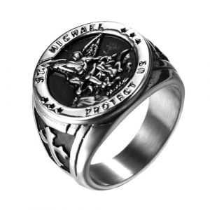 Flongo Bague Homme Chevalière Saint-Michel: Bague Chevalière Acier Inoxydable avec Insigne Religieux de Saint-Michel Style Biker Motard Amulette Protectrice - Cadeau Homme Anniveraire Fête des Pères (Flongo, neuf)