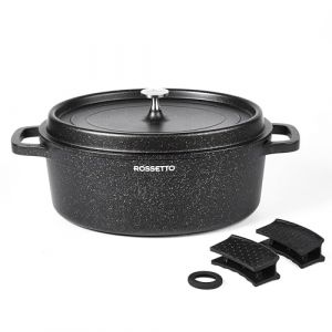 ROSSETTO 6,3L Cocotte ovale en fonte d’aluminium, revêtement antiadhérent en céramique. Couvercle avec picots saveurs. Compatible tous feux dont induction et au four jusqu’à 230℃, 31CM, Noir (YAFA PTE, neuf)