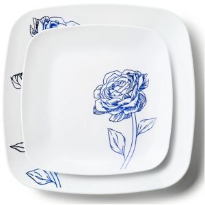 Decorline 32 Assiettes Carr&eacute; &Eacute;l&eacute;gantes en Plastique Solide Dur R&eacute;utilisables | Motif Blanches et Fleurs Bordeaux | 2 tailles - assiette plate 25cm & dessert 18cm, 16 pi&egrave;ces chacune | Blanc/Bleu (KEREN, neuf)
