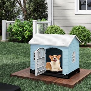 GOPLUS Niche pour Chien Exterieur en PP, Cabane Chien Exterieur Interieur avec 3 Fenêtres, Porte Verrouillable, Toit en Pente, Plateau de Toilette Amovible, Ventilé&Imperméable, 75 x 58 x 65 CM (Bleu) (Augenstern24, neuf)