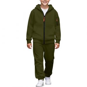 Ensemble de surv&ecirc;tement uni &agrave; capuche et pantalon de jogging pour enfants, l&eacute;ger et confortable, couleur unie, pour la salle de sport en plein air, vert militaire, 13-14 ans (SaiDu4F, neuf)