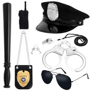 BTHRORO 7 Pi&egrave;ces Accessoires Deguisement Policier Enfant, Menottes Casquette Police Badge Matraque Sifflet Jouet Talkie Walkie Lunette de Soleil pour Jeu de Costume Policier Enfant F&ecirc;te de Carnaval (XOSRT, neuf)