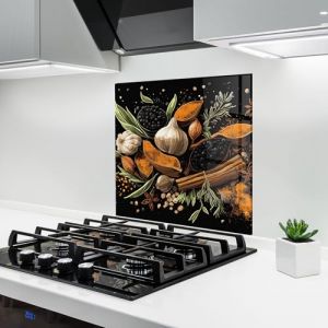 ARTHUB® Crédence de Cuisine en Verre 60x60 cm, Garlic and Spices | Protection Contre Les éclaboussures, Revêtement Mural en Carreaux, Plaque en Verre, Verre trempé, Aliments, Épices (ARTHUB - wall decor, neuf)