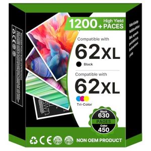 Washope 62XL 62 XL Cartouche Remplacement Cartouche pour HP 62 Noir et Couleur pour HP Encre 62XL pour Envy 5640 5540 7640 5547 5548 5642 5644 OfficeJet 200 250 5740 5742 (1 Noir, 1 Couleur, 2 Pack) (MIDOLIA, neuf)
