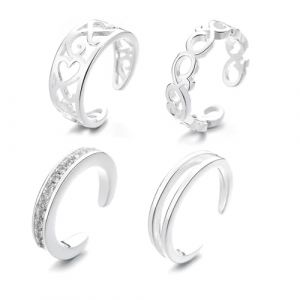 Ensemble de 4 bagues pour femmes en argent S925, bagues d'orteil pour femmes, bagues d'orteil ouvertes r&eacute;glables en acier inoxydable,bijoux de pied de plage d'&eacute;t&eacute; pour femmes, bijoux de plage simples. (HengShuiHunBengShangMaoYouXianGongSi, neuf)