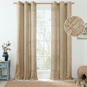QUEMAS Toffee Lot de 2 rideaux en lin pour salon/chambre à coucher – Rideaux de campagne texturés en toile de jute épaisse, filtrant la lumière, non transparents à œillets, 106 cm de large chacun (MiaoMA, neuf)