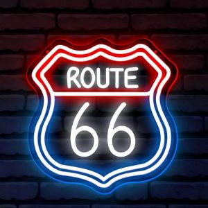 Route 66 &ndash; Panneau n&eacute;on LED bleu, rouge, blanc &ndash; D&eacute;coration murale &ndash; Luminosit&eacute; r&eacute;glable &ndash; Convient pour d&eacute;coration de club, bureau, bars, salle de divertissement, caverne d'art (5 V, 32 x 30,7 cm) (caiyuguangnian, neuf)