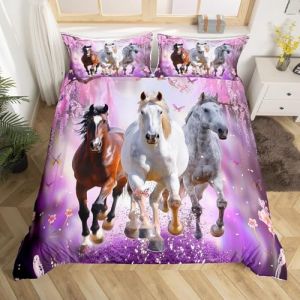 RZPFQB Cheval Parure de Lit 220 x 240 cm Chevaux au Galop Housse de Couette pour Enfant Gar&ccedil;On Fille Ado Blanc et Marron Literie en Microfibre bross&eacute;e Douce (Goda Trading, neuf)