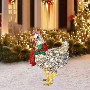 Poule lumineux avec écharpe Décoration de vacances, Poulet en métal Ornements de Noël à énergie solaire avec 50 mini lumières, coq, piquets de jardin pour pelouse, décoration extérieure (GINGER TECH, neuf)