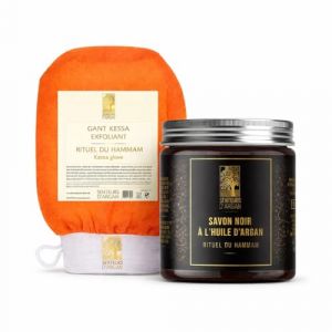 Gant de gommage corps kessa exfoliant + Savon noir &agrave; l&rsquo;huile d'argan - OFFERT- Gant kessa marocain pour hammam sauna, &eacute;limine les peaux mortes et purifie la peau (SENTEURS D'ARGAN, neuf)
