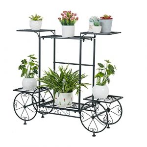 unho Porte Plante Fer Forg&eacute;, &Eacute;tag&egrave;re Plante Avec 6 Tablettes, Support Pot de Fleurs en Forme de Chariot, Parfait Pour Maison Jardin Patio Terrasse ou Balcon - 83x68.5x22cm (UNHO, neuf)