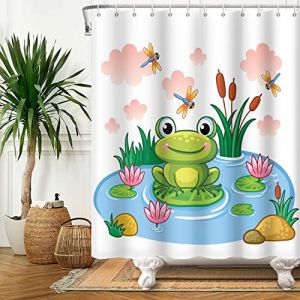SDOTPMT 152x183cm Mignon Grenouille Rideau de Douche Grenouille sur Lotus Feuille Étang Fleur Libellule Été Animal Blanc Rideau de Baignoire pour Enfants Salle Bains Polyester avec Crochets (SDOTPMT, neuf)