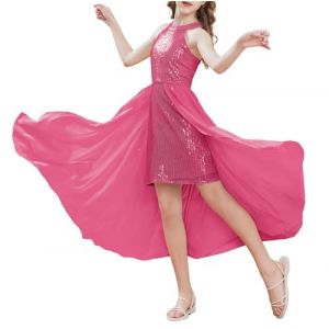 GRACE KARIN Fille Robe à Paillettes et Traîne Robe à Col Rond en Mousseline Robe Casual Trapèze Robe Mignonne Rose Foncé 7-8 Ans (Cedar EU, neuf)