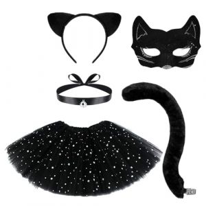 D&eacute;guisement de Chat Noir pour Fille et Femme Adulte avec Serre-T&ecirc;te, Collier Ras du Cou, Grelot, Queue, Masque, Catwoman (Ensemble avec Tutu) (Carnavalife, neuf)