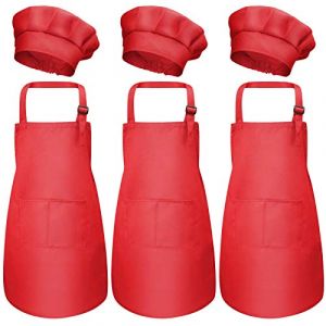 Catime 3 Set Tablier Enfant et Chapeau de Chef, Ajustable Bambin Tabliers de Cuisine avec Poches pour Filles Gar&ccedil;ons, Tablier de Chef Jardin pour Cuisson Peinture L'artisanat (M pour 3-6 Ans) (Rouge) (hasmerce, neuf)