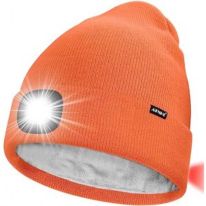 ATNKE Unisexe 8 LED Bonnet Lampe Frontale,USB Rechargeable Rouge Feu Arri&egrave;re Clignotant Chapeau de Course Lumi&egrave;re Chaud Polaire Doubl&eacute;e Tricot Bonnet Cadeaux pour Hommes et Femmes/Bright Orange (Memorye, neuf)