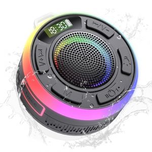 Enceinte Bluetooth Douche, Mini Enceinte Bluetooth 5.3 avec HD Mic, 360&deg; St&eacute;r&eacute;o Enceinte Portable, Lumi&egrave;re LED Haut Parleur de Douche avec Ventouse, &Eacute;tanche IP7 pour Salle de Bain, Ext&eacute;rieur, Noir (ALPHAMAZ LTD, neuf)